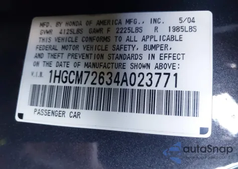 2004 Honda Accord 2.4 Ex из США, поврежденный, VIN 1HGCM72634A023771